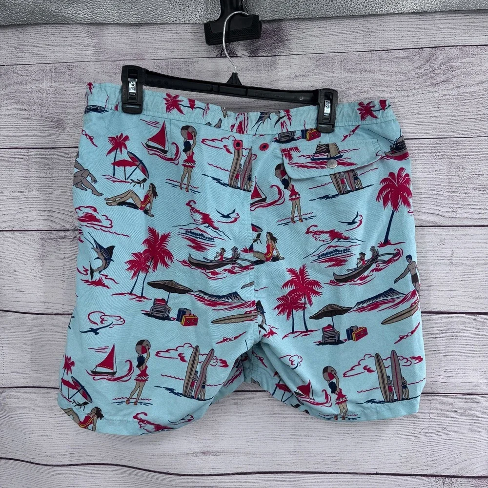 Reyn Spooner Swim Trunks Hawaiian Print‎ Beach Shorts Blue Red Size 36 Vintage